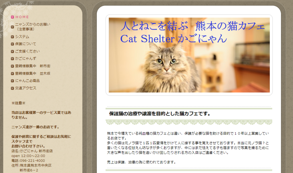 猫カフェかごにゃんのホームページ